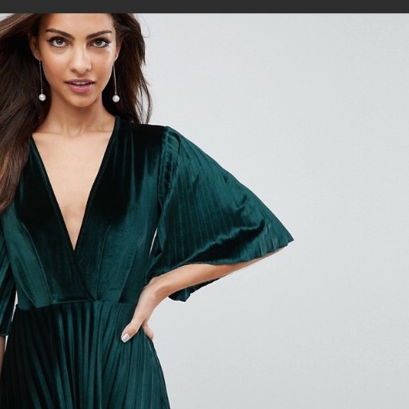 asos green velvet pleated dress